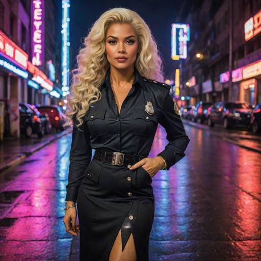 Striking Drag Queen Police Officer Under Neon Lights
