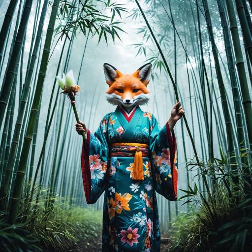 Spirit Medium in Floral Kimono with Fox Mask in Bamboo Forest