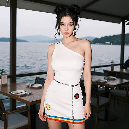 Photograph of an Asian woman with black twin buns, wearing a white one-shoulder mini dress with colorful accents, standing in a modern waterfront