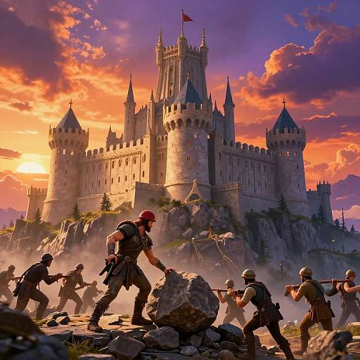 Digital artwork of soldiers in medieval armor climbing rocks towards a grand, sunlit castle with a red flag, set against a vibrant, orange-purple sunset sky