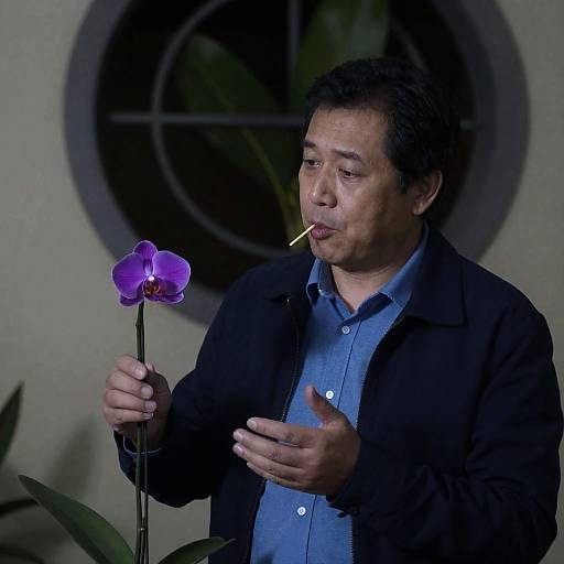 Focused Man with Orchid in Unique Setting