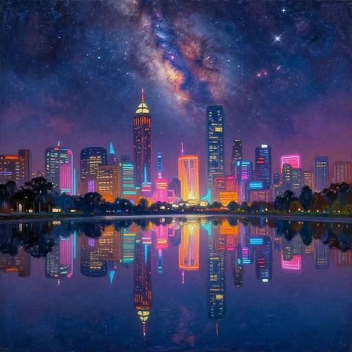 Photograph of a vibrant city skyline at night with neon-lit buildings, reflecting in a calm river. The Milky Way and stars illuminate the sky above