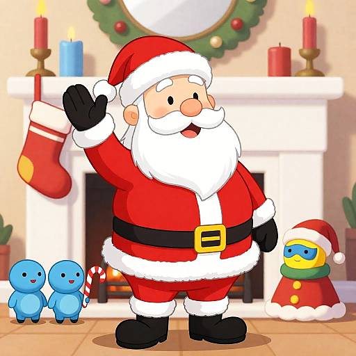 Festive Cartoon Santa by the Fireplace