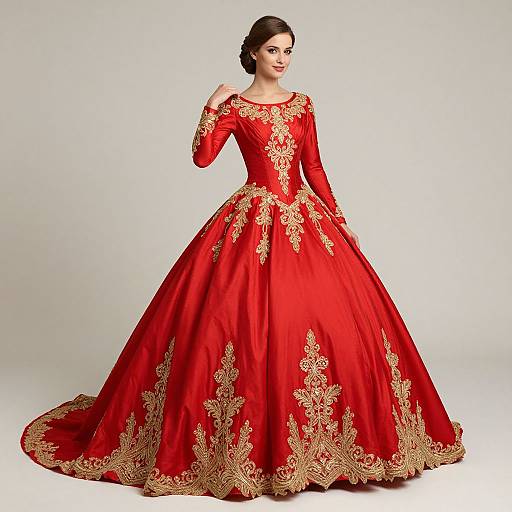 Photograph of a brunette woman in a floor-length, red gown with gold floral embroidery, standing against a plain white background.