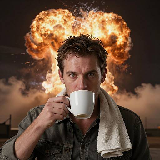 Photograph of a rugged, brown-haired man with intense eyes, holding a white mug, wearing a denim shirt with a white towel, against a dramatic