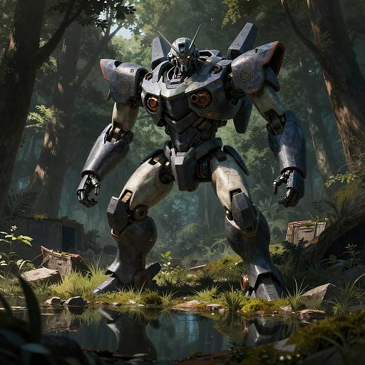 Cinematic Mecha in Lush Forest Ruins