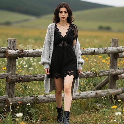 Woman in Bohemian Dress by Rustic Fence