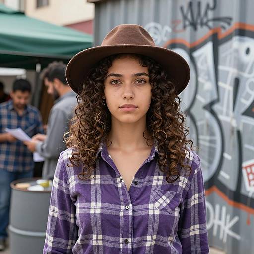 Young Woman in Brown Hat and Purple Plaid Shirt