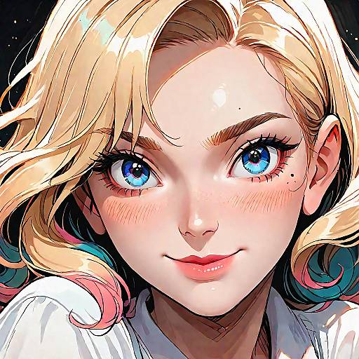 Digital anime-style portrait of a blonde woman with bright blue eyes, pink blush, and wavy hair, smiling subtly against a black background.