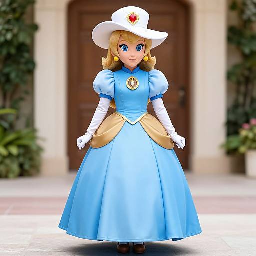 Digital artwork of Princess Rosalina from Mario series, wearing a blue dress, white hat with red gem, white gloves, and blonde hair, standing