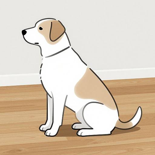 Digital drawing of a white and beige dog sitting on a wooden floor, facing left, with simple black outlines and flat colors.