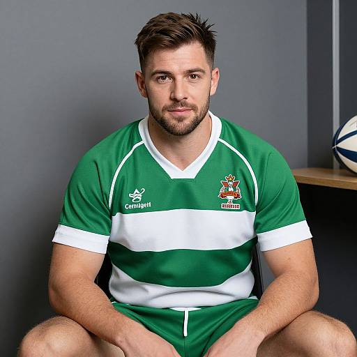 Photograph of a muscular, bearded man with short brown hair, wearing a green and white rugby shirt and shorts, seated against a gray wall,