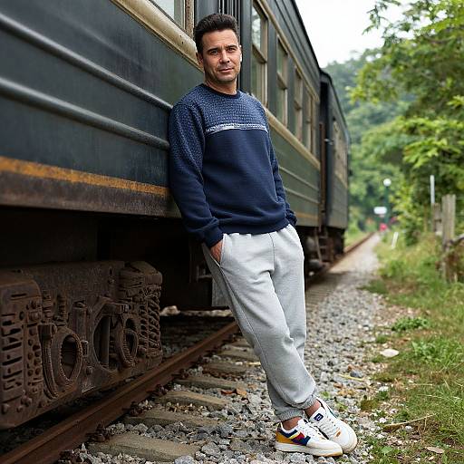 Man by Vintage Train in Retro Style