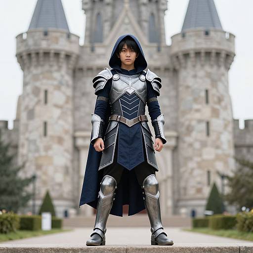 Photograph of an Asian boy in medieval armor with a dark hood, standing in front of a stone castle with towers.