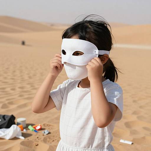 Photograph of an Asian girl with black hair in a white dress, wearing a white Venetian mask, standing in a sandy desert with dunes