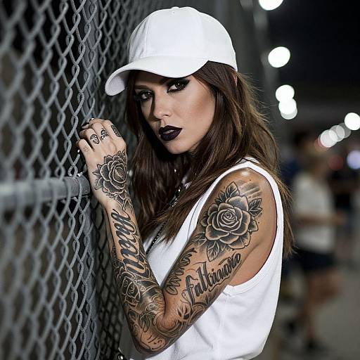 Tattooed woman in white tank top and cap, black lipstick, leaning on chain-link fence, detailed arm roses and text tattoos, urban night