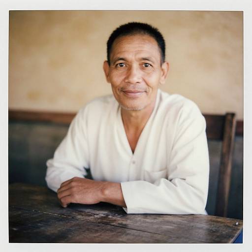 Photograph of a middle-aged man with short black hair, light brown skin, wearing a white long-sleeve shirt, smiling slightly, leaning on