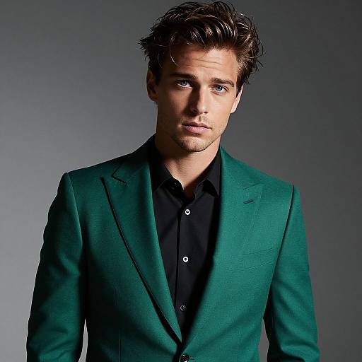 Photograph of a handsome young man with messy brown hair, wearing a teal blazer over a black button-up shirt, against a gradient gray background.