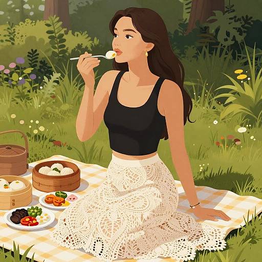 Boho Chic Woman Enjoying Dim Sum Picnic