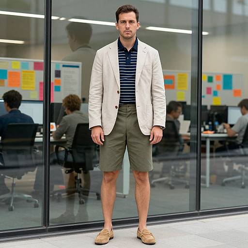 Photograph of a serious, short-haired man in a white blazer, navy striped shirt, olive shorts, and tan loafers, standing in front