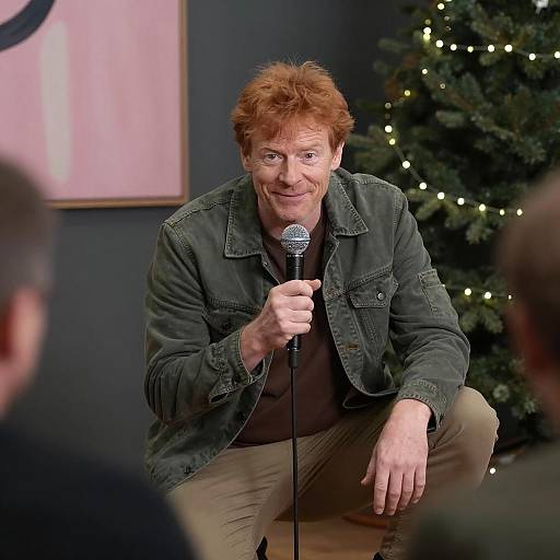 Crouching Man with Microphone and Art