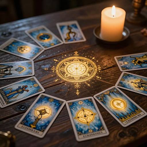 Photograph of tarot cards arranged around a glowing, magical candle on a wooden table, with intricate golden runes in the center.