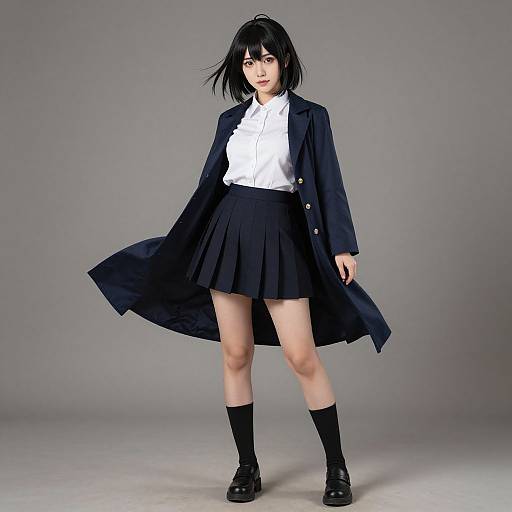 Photograph of a young woman with black bob haircut, wearing a white shirt, black blazer, pleated skirt, black knee socks, and loaf