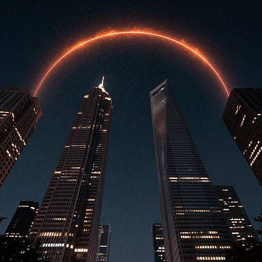 Photograph of a night cityscape with illuminated skyscrapers, a glowing orange ring in the dark sky, resembling a halo effect.