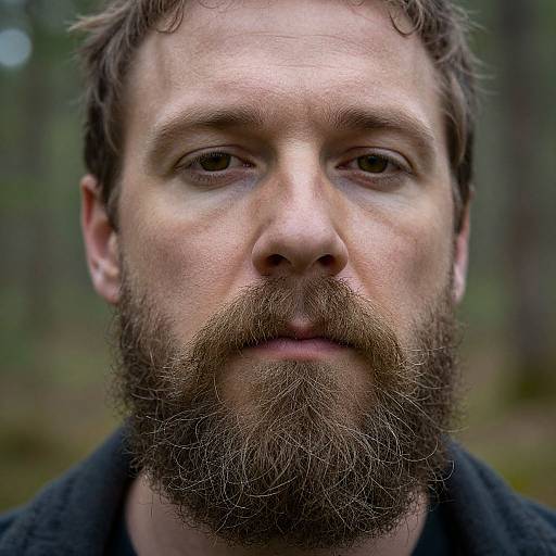 Close-up photograph of a bearded man with brown hair, neutral expression, and slightly rugged appearance, set against a blurred forest background.