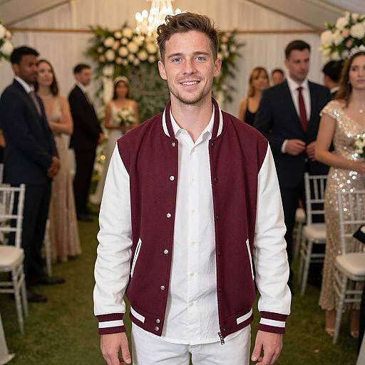 Photograph of a smiling man in a maroon and white varsity jacket and white shirt standing in front of a wedding party inside a decorated tent.