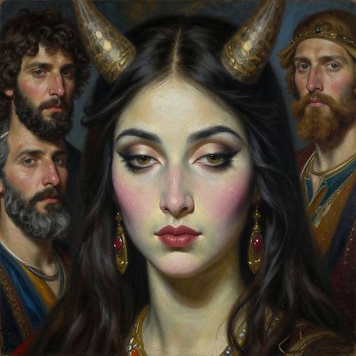 Digital painting of a pale-skinned, dark-haired woman with golden horns, red earrings, and heavy eyeliner, flanked by two bearded men