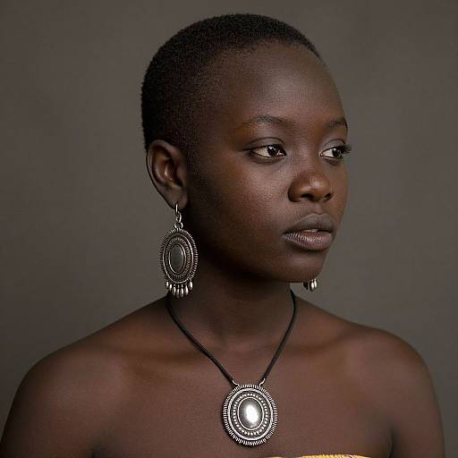 Photograph of a bare-chested, dark-skinned African woman with short hair, wearing large, oval, silver earrings and a matching necklace, g