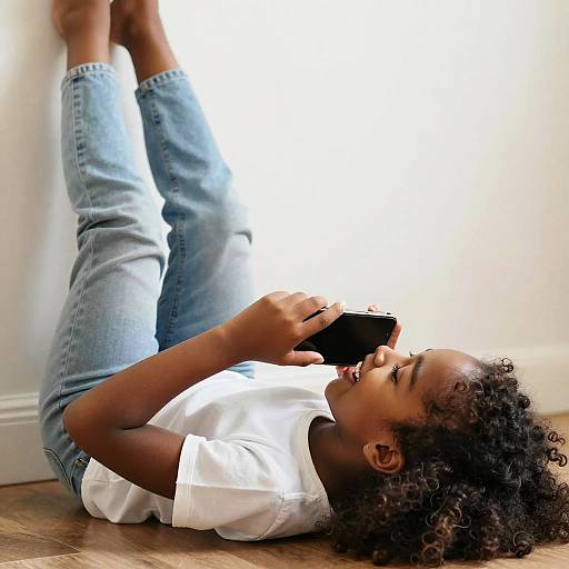 Photograph of a young Black girl with curly hair, lying on the floor, legs up, wearing blue jeans and a white t-shirt, smiling while