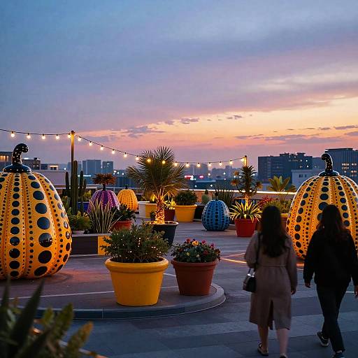 Rooftop Garden with Kusama-Inspired Pumpkin Sculptures at Twilight