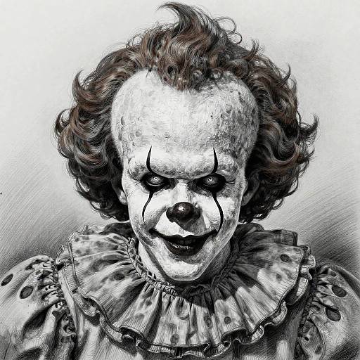 Digital drawing of a creepy clown with white face paint, black smudged makeup, wild curly brown hair, and a ruffled shirt. Monoch
