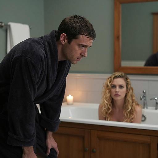 Contemplative Man and Woman in Bathroom