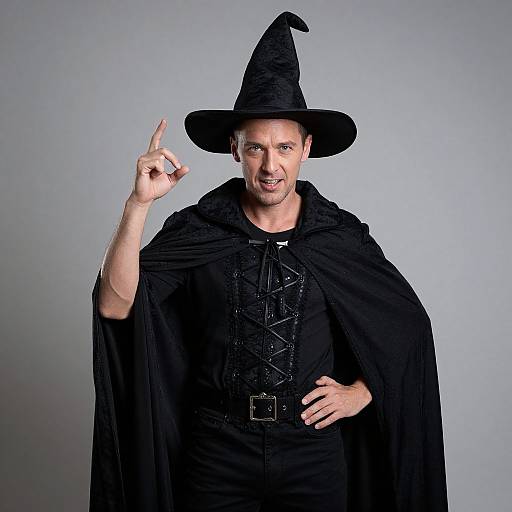 Photograph of a white man with a black witch hat, black lace-up corset shirt, and cape, pointing with his right index finger, against