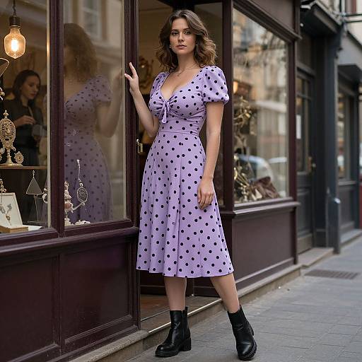 Photograph of a brunette woman in a purple polka dot dress, black ankle boots, standing outside a dark-framed shop window.