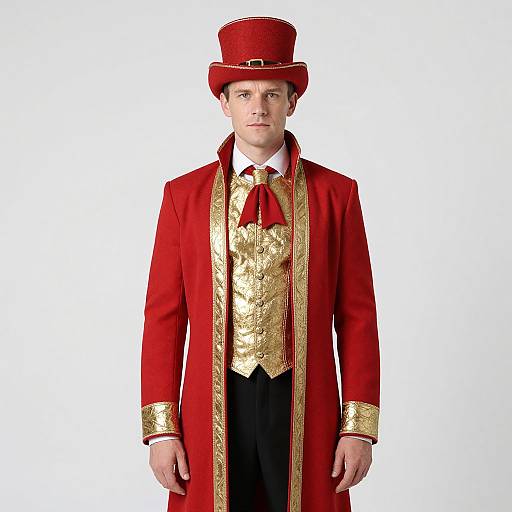 Photograph of a young man in a red top hat, red coat with gold trim, gold vest, white shirt, red bowtie, black trousers