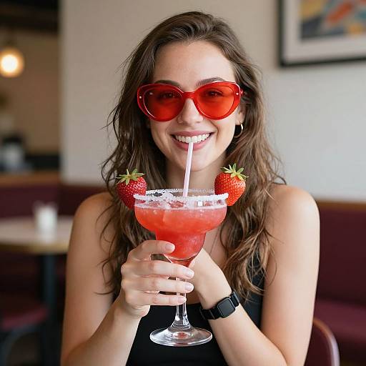 Photograph of a smiling woman with wavy brown hair, red sunglasses, black tank top, and wristwatch, holding a red cocktail with strawberry garn