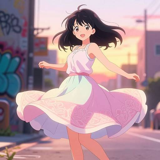 Anime Girl Twirling in Urban Sunset