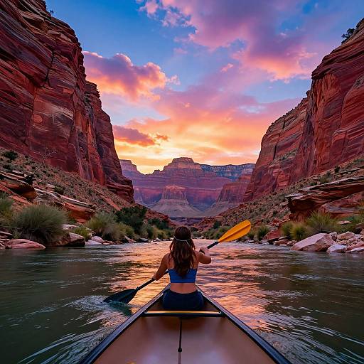 Photograph of a woman kayaking in a red rock canyon at sunset, wearing a blue sports bra and holding a yellow paddle, with vibrant clouds and
