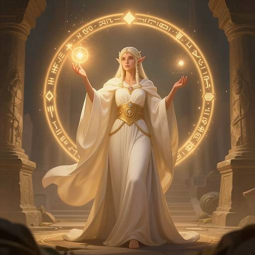 Digital fantasy artwork of an elegant, white-robed elf woman with pointed ears, holding a glowing orb, standing in a circular, illuminated magical portal,