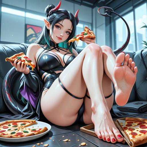 Playful Girl Enjoying Pizza Barefoot