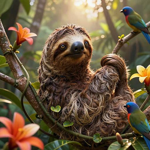 Photograph of a fluffy, brown sloth with a black nose, surrounded by vibrant orange flowers and colorful blue-and-red birds in a sunlit,