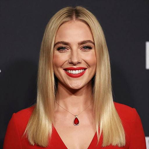 Smiling blonde woman in red top with necklace