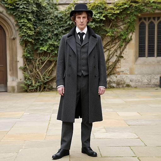 Photograph of a young man in Victorian-style black overcoat, trousers, tie, and top hat, standing on stone pavement in front of ivy