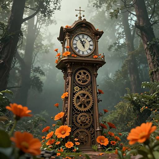 Steampunk clock tower with orange flowers and gears, set in a misty forest. Photo with realistic, fantasy blend.