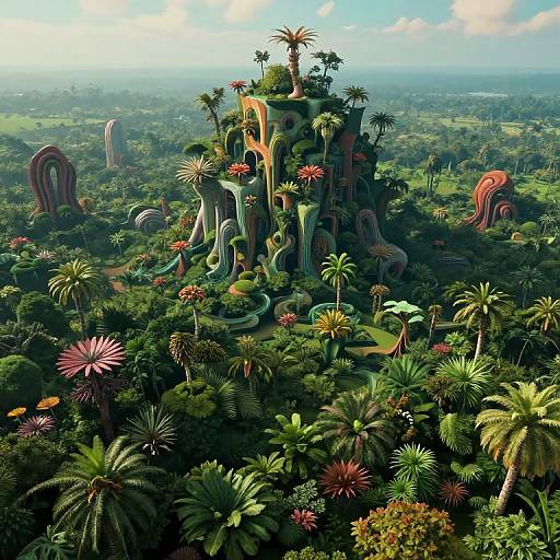 Photorealistic CGI of a lush, alien forest with towering, bioluminescent plant structures and vibrant, exotic flora under a bright blue sky.