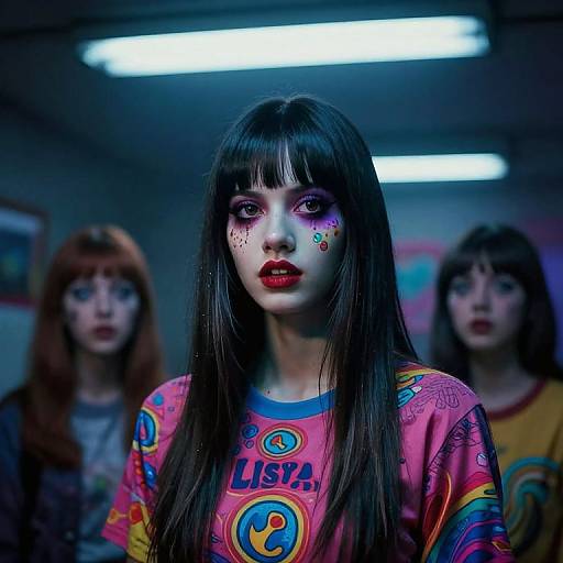 Photograph of a pale woman with long black hair, colorful face paint, and red lipstick, wearing a neon pink 